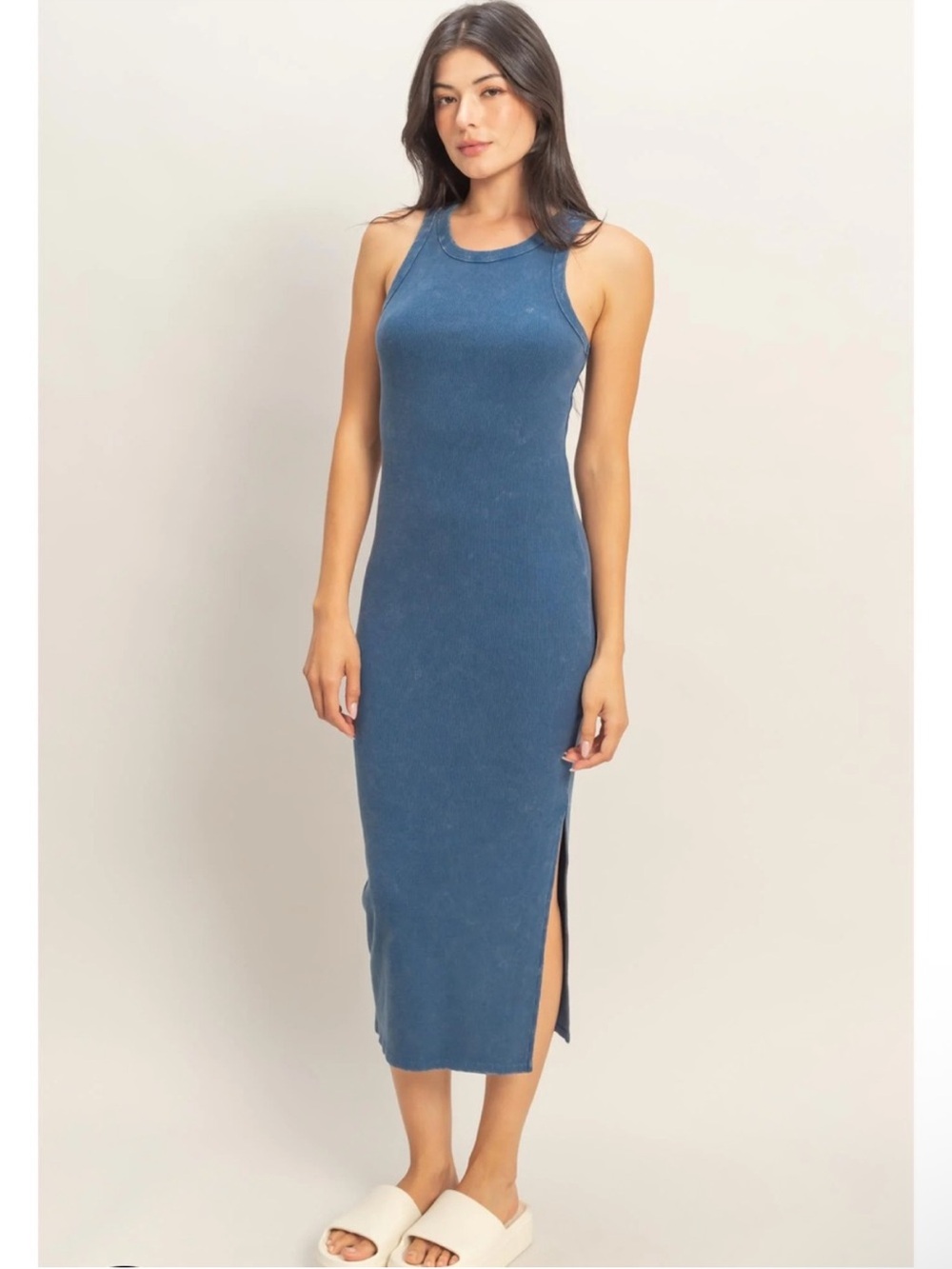 NEW Double Zero Navy Blue Acid Wash Ribbed Slit Racerback Midi Dress Medium